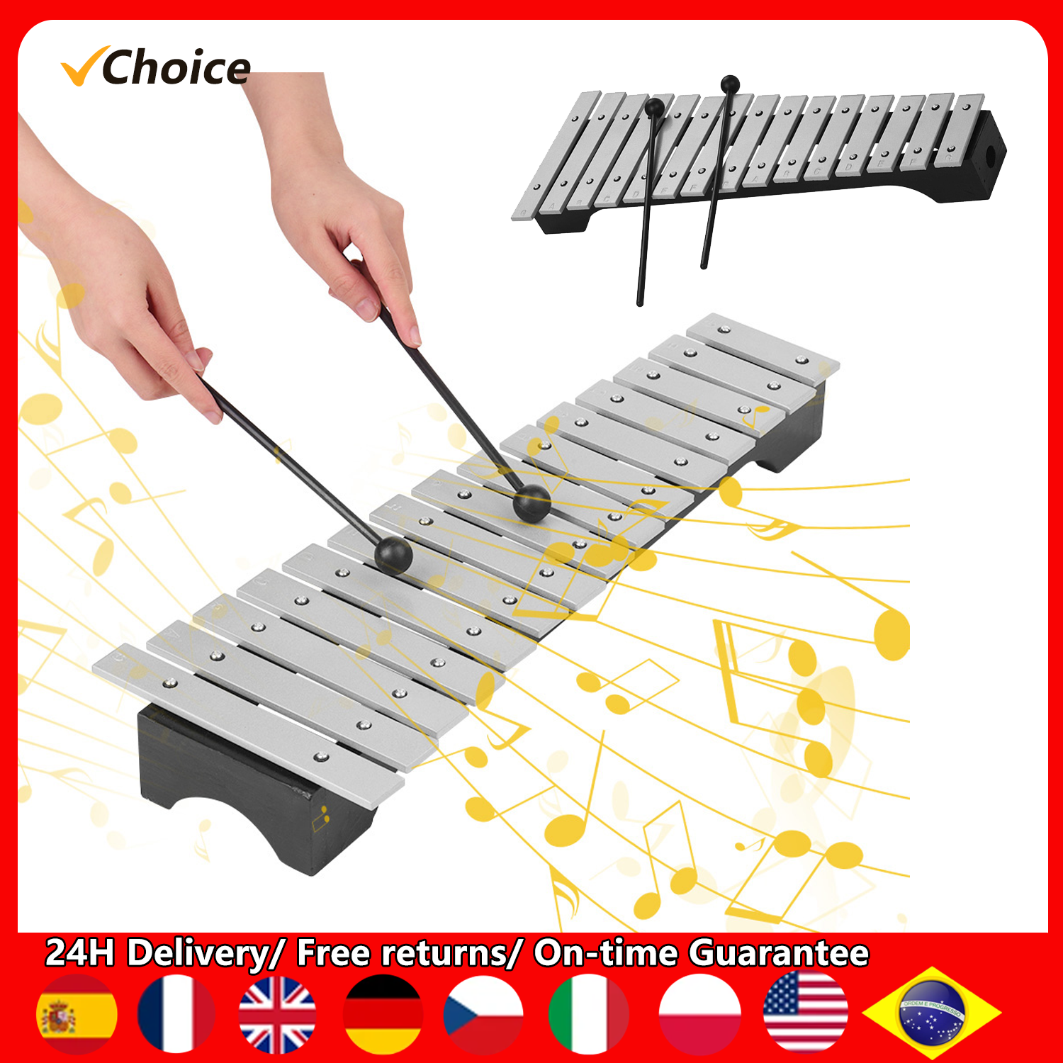 Musical Instrument Glockenspiel - 15-Note Xylophone Glockenspiel Wooden Base Aluminum